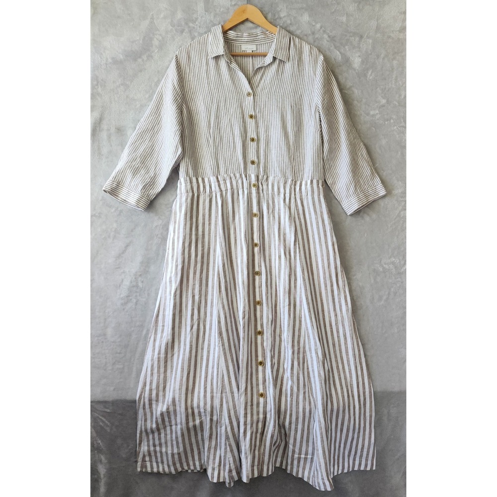 J. Jill Love Linen Dress Womens Size Large Button Front Midi Tan Striped Pockets